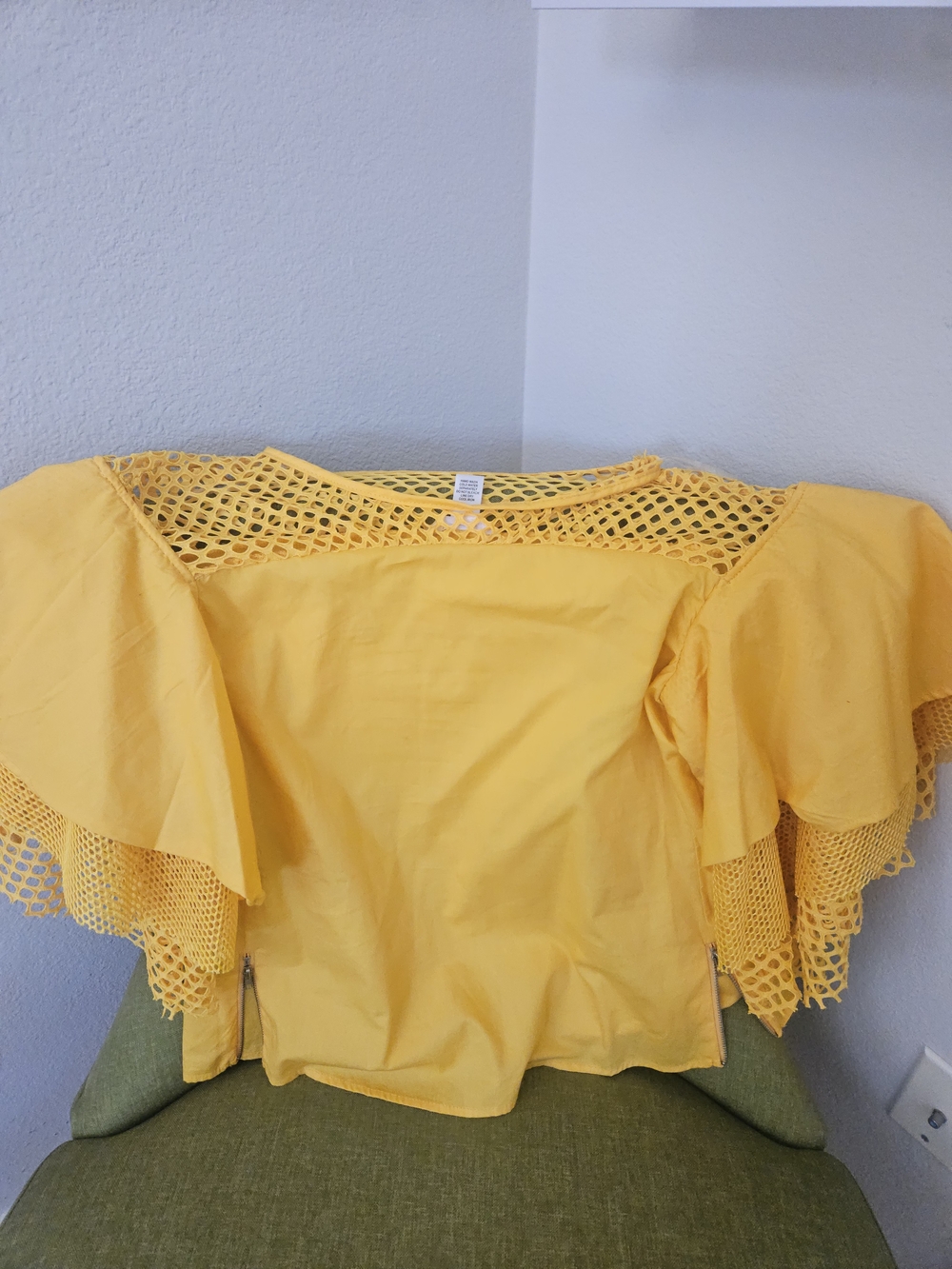 Women’s Yellow Crochet Yoke Flutter Sleeve Blouse